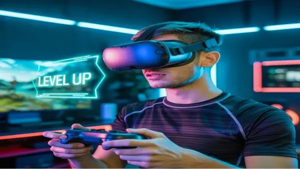ভার্চুয়াল রিয়েলিটি গেমস খেলছে একজন গেমার – নতুন গেমিং অভিজ্ঞতা
