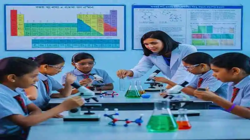 বাংলাদেশে বিজ্ঞান শিক্ষা কার্যক্রমে অংশ নিচ্ছে শিক্ষার্থীরা, শিক্ষার্থীরা ল্যাবে পরীক্ষা করছে