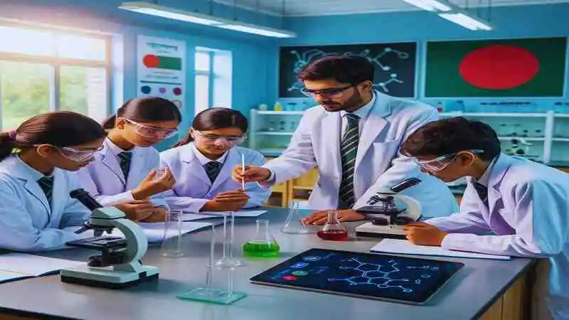 বিজ্ঞান শিক্ষার গুরুত্ব বোঝানো শিক্ষার্থী ও শিক্ষকের ছবি, শিক্ষার্থীরা বিজ্ঞান কার্যক্রমে অংশ নিচ্ছে