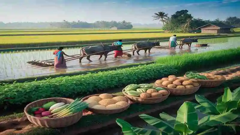 কৃষিজ সম্পদের গুরুত্ব বোঝাতে সবুজ ফসল ও কৃষিকাজের দৃশ্য