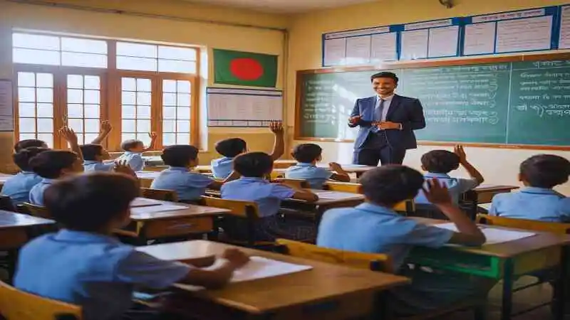 প্রাথমিক শিক্ষার গুরুত্ব বোঝাতে শ্রেণিকক্ষে পড়াশোনা করছে শিশুদের দৃশ্য