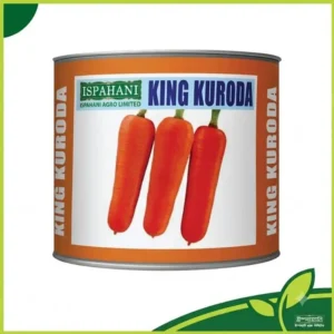 King Kuroda Carrot উচ্চ ফলনশীল গাজরের বীজের প্যাকেট, ৬–৮ ইঞ্চি লম্বা গাঢ় কমলা রঙের উন্নত মানের গাজর চাষের জন্য উপযোগী।