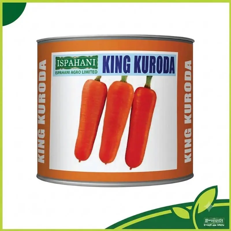 King Kuroda Carrot উচ্চ ফলনশীল গাজরের বীজের প্যাকেট, ৬–৮ ইঞ্চি লম্বা গাঢ় কমলা রঙের উন্নত মানের গাজর চাষের জন্য উপযোগী।